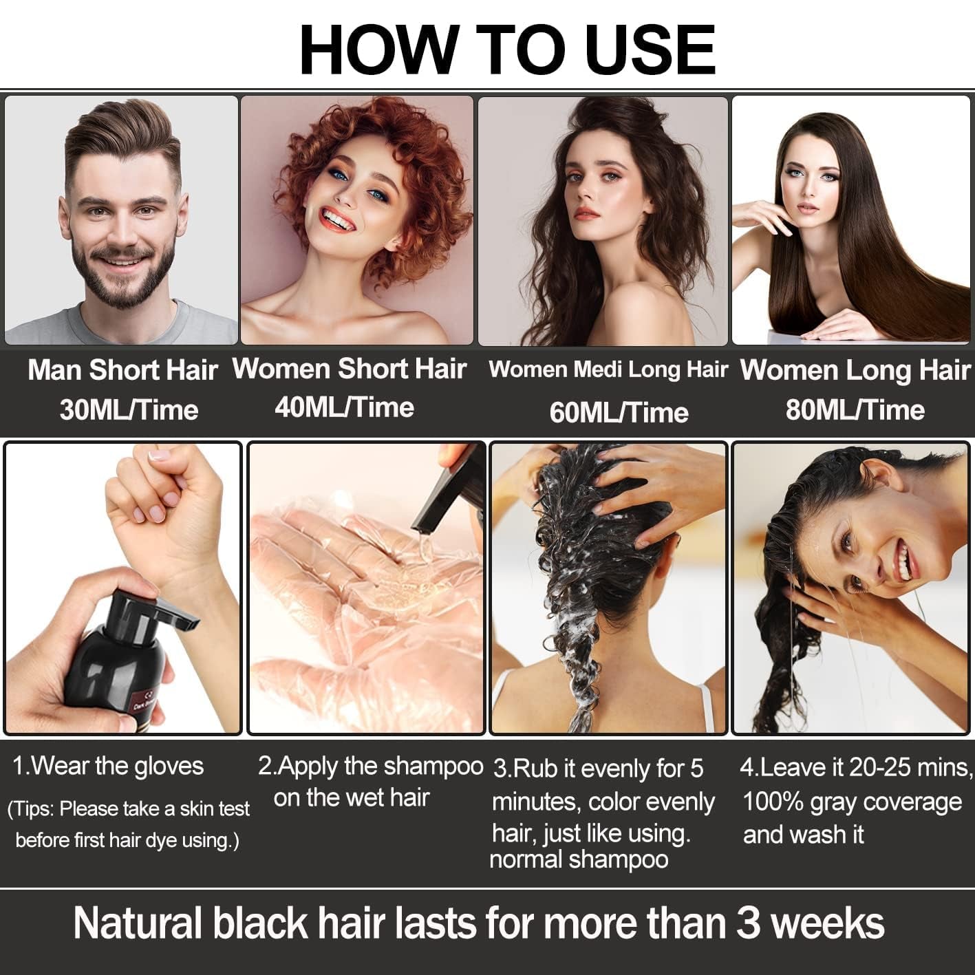 Instant Hair Dye Shampoo 3 in 1,Hair Dye Shampoo for Gray Hair Coverage-Herbal Ingredients Hair Color Shampoo,Black Hair Dye-Long Lasting-Coloring in Minutes for Women Men (Dark Brown)