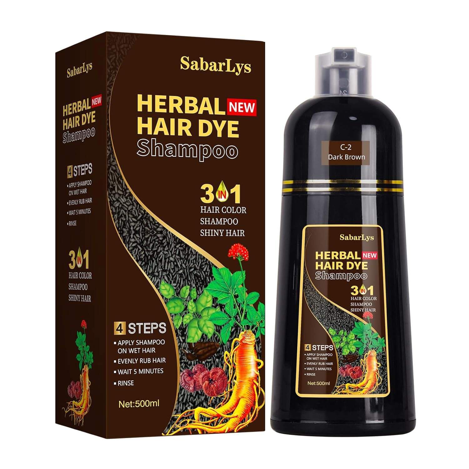 Instant Hair Dye Shampoo 3 in 1,Hair Dye Shampoo for Gray Hair Coverage-Herbal Ingredients Hair Color Shampoo,Black Hair Dye-Long Lasting-Coloring in Minutes for Women Men (Dark Brown)